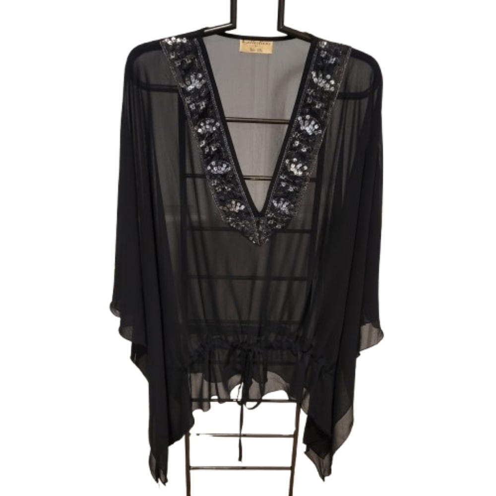 Collections by Tall Girl Sheer Embellished V Neck Evening Top Black 1X - Picture 2 of 9